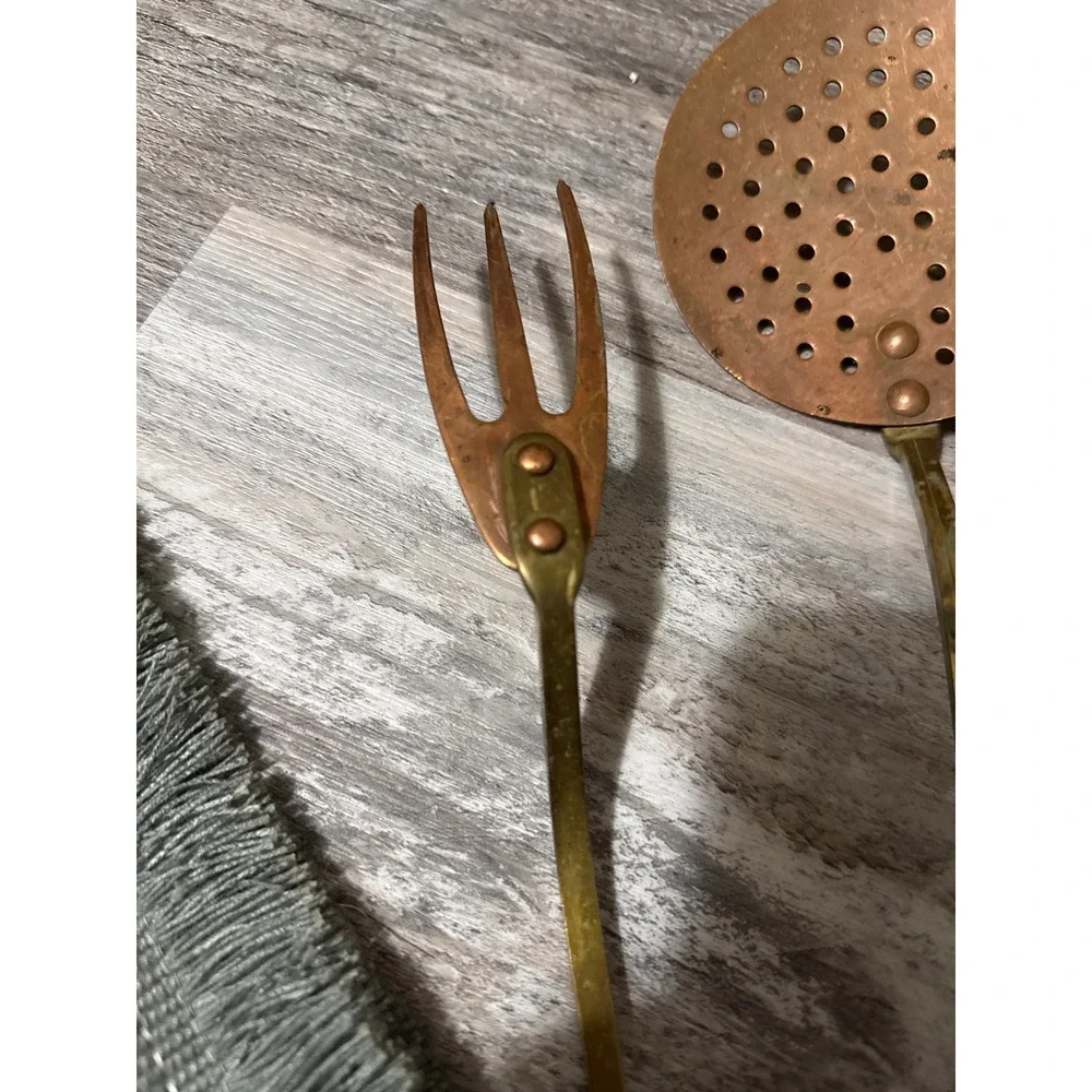 Vintage Copper and Brass Kitchen Utensil Set Ladle Skimmer Fork 3 Piece Rustic